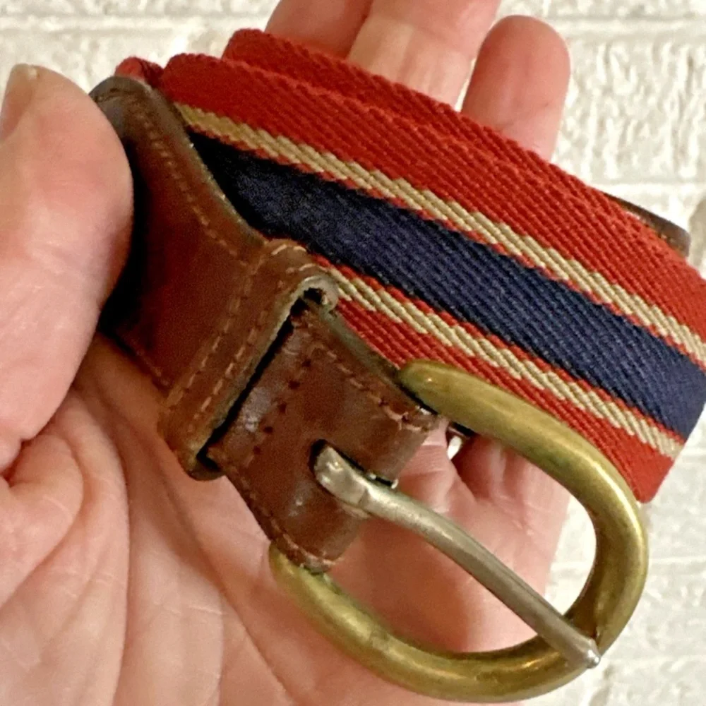 Trafalgar Canvas RED NAVY STRIPED Leather Vintage 1980s USA Belt Unisex